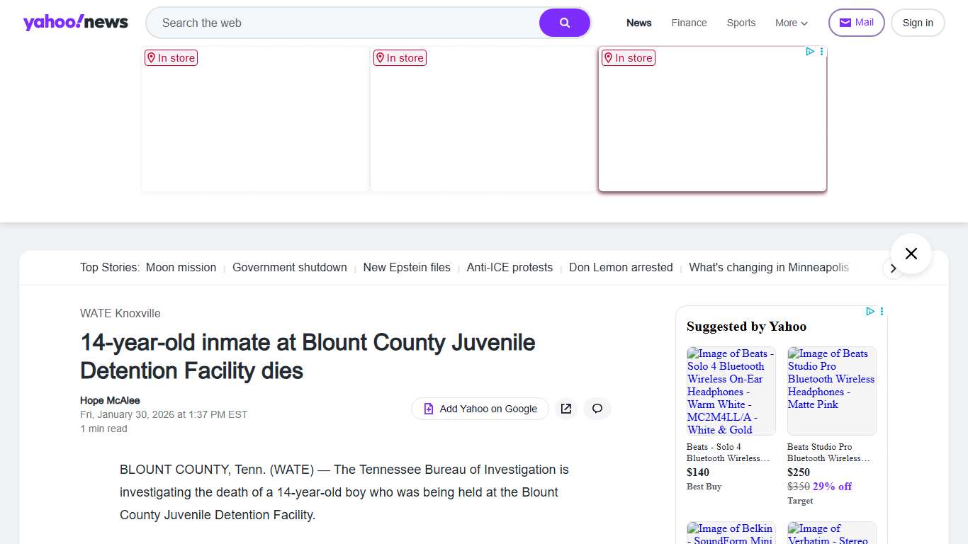 14-year-old inmate at Blount County Juvenile Detention Facility dies